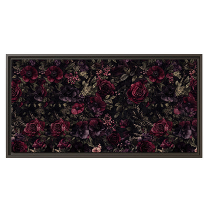 Deep burgundy roses and small pale flowers on a dark background single framed canvas wall art viewed straight on