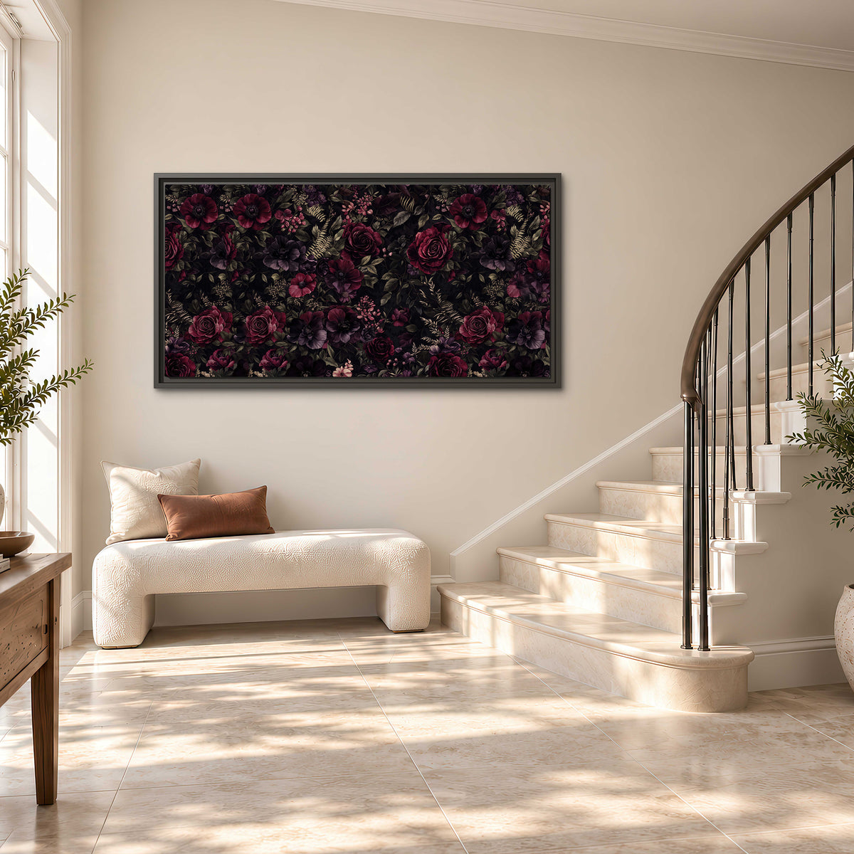 Deep burgundy roses and small pale flowers on a dark background single framed canvas wall art styled in an interior