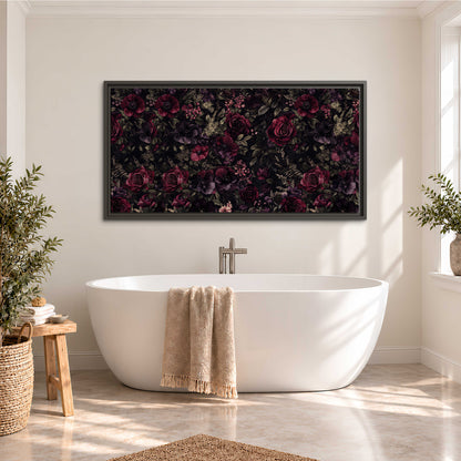 Deep burgundy roses and small pale flowers on a dark background single framed canvas wall art styled in an interior
