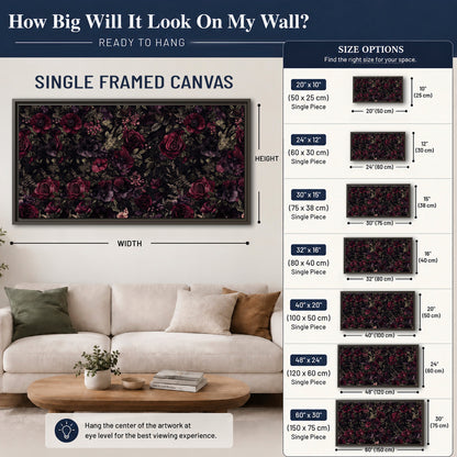 Deep burgundy roses and small pale flowers on a dark background single framed canvas wall art size guide above a sofa; room view is illustrative