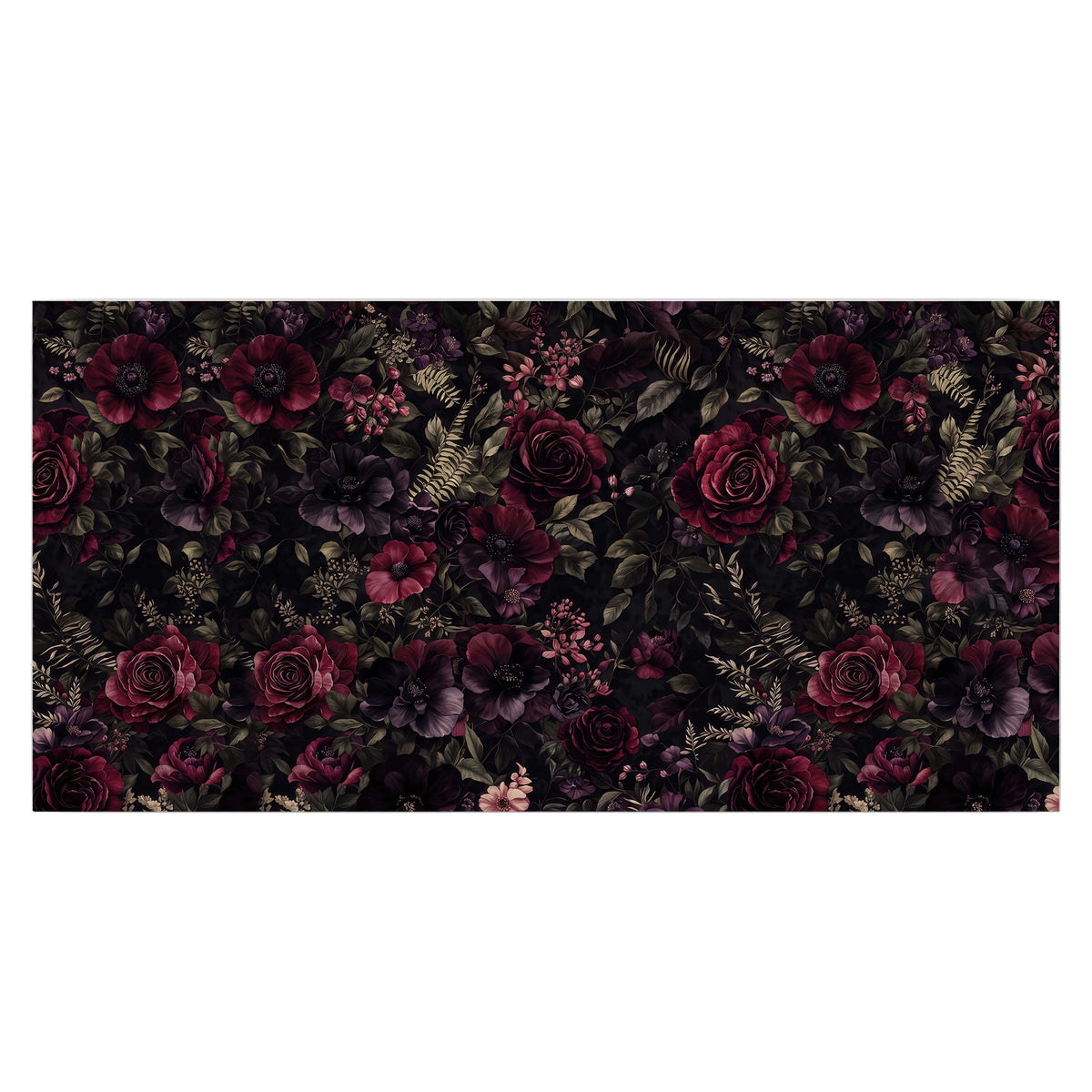 Deep burgundy roses and small pale flowers on a dark background single poster print viewed straight on