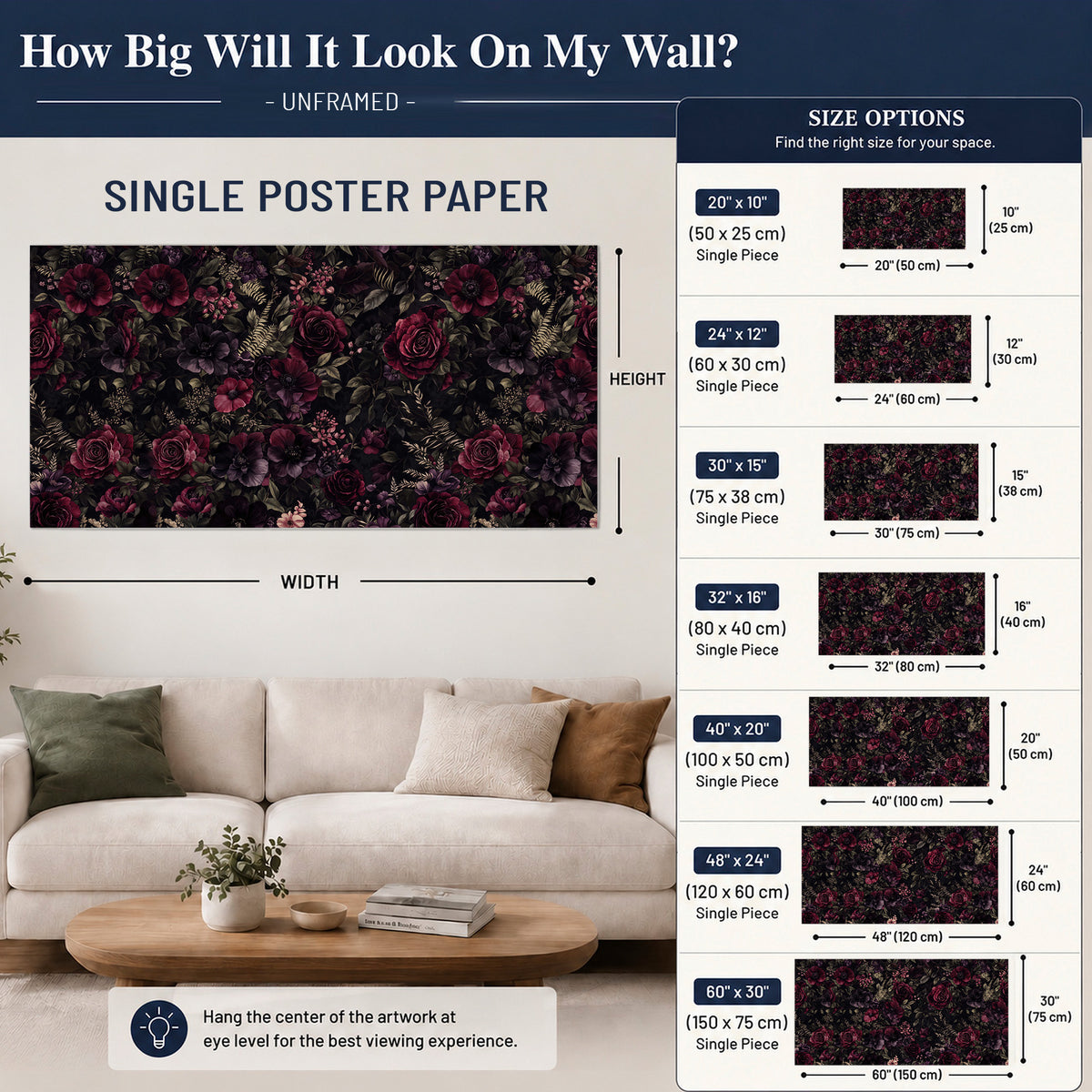 Deep burgundy roses and small pale flowers on a dark background single poster print size guide above a sofa; room view is illustrative