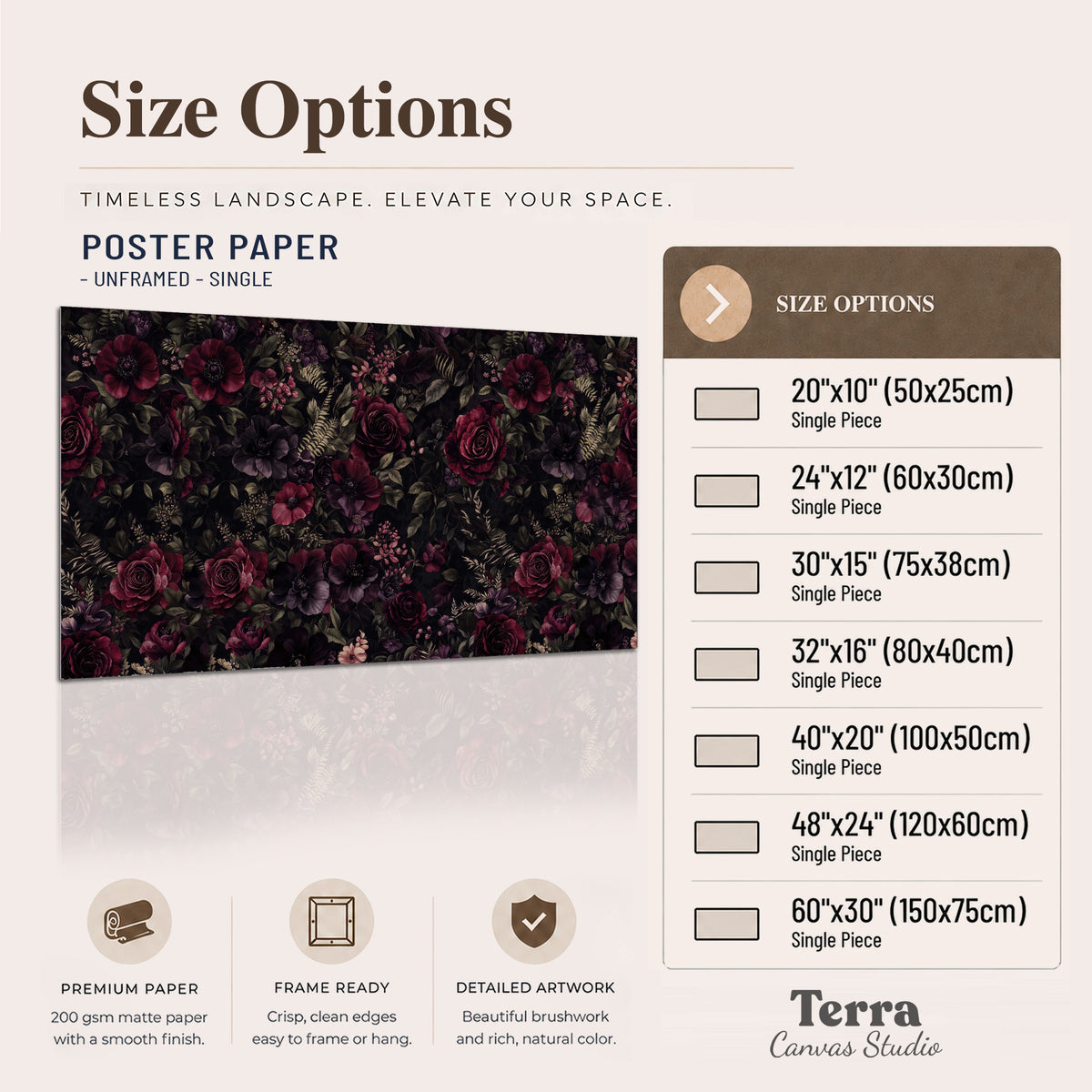 Deep burgundy roses and small pale flowers on a dark background single poster print available dimensions