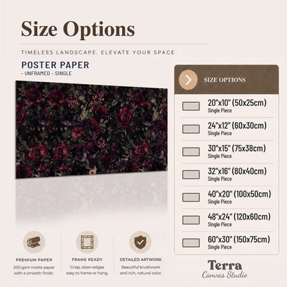 Deep burgundy roses and small pale flowers on a dark background single poster print available dimensions