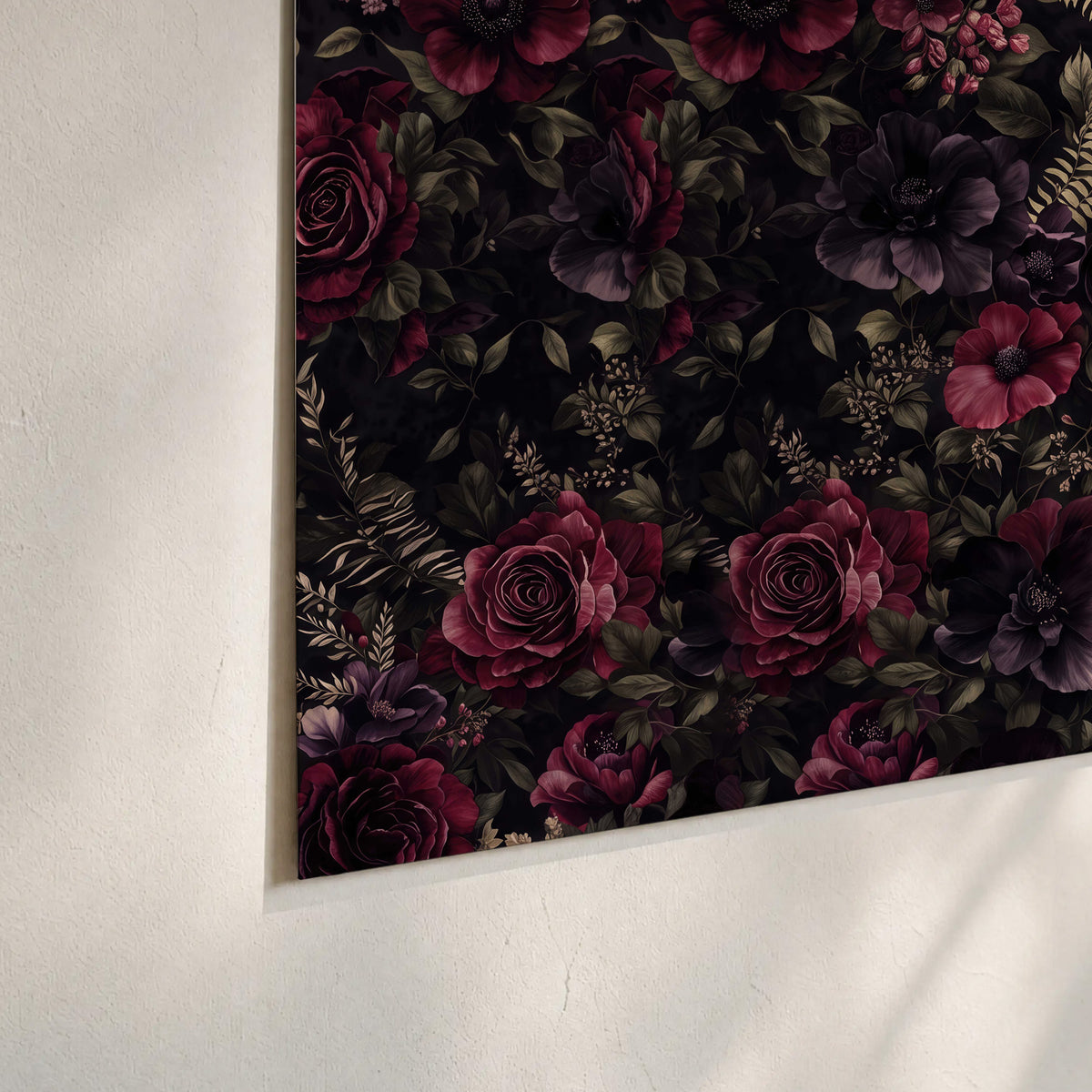 Deep burgundy roses and small pale flowers on a dark background set of 3 poster prints material and edge close up