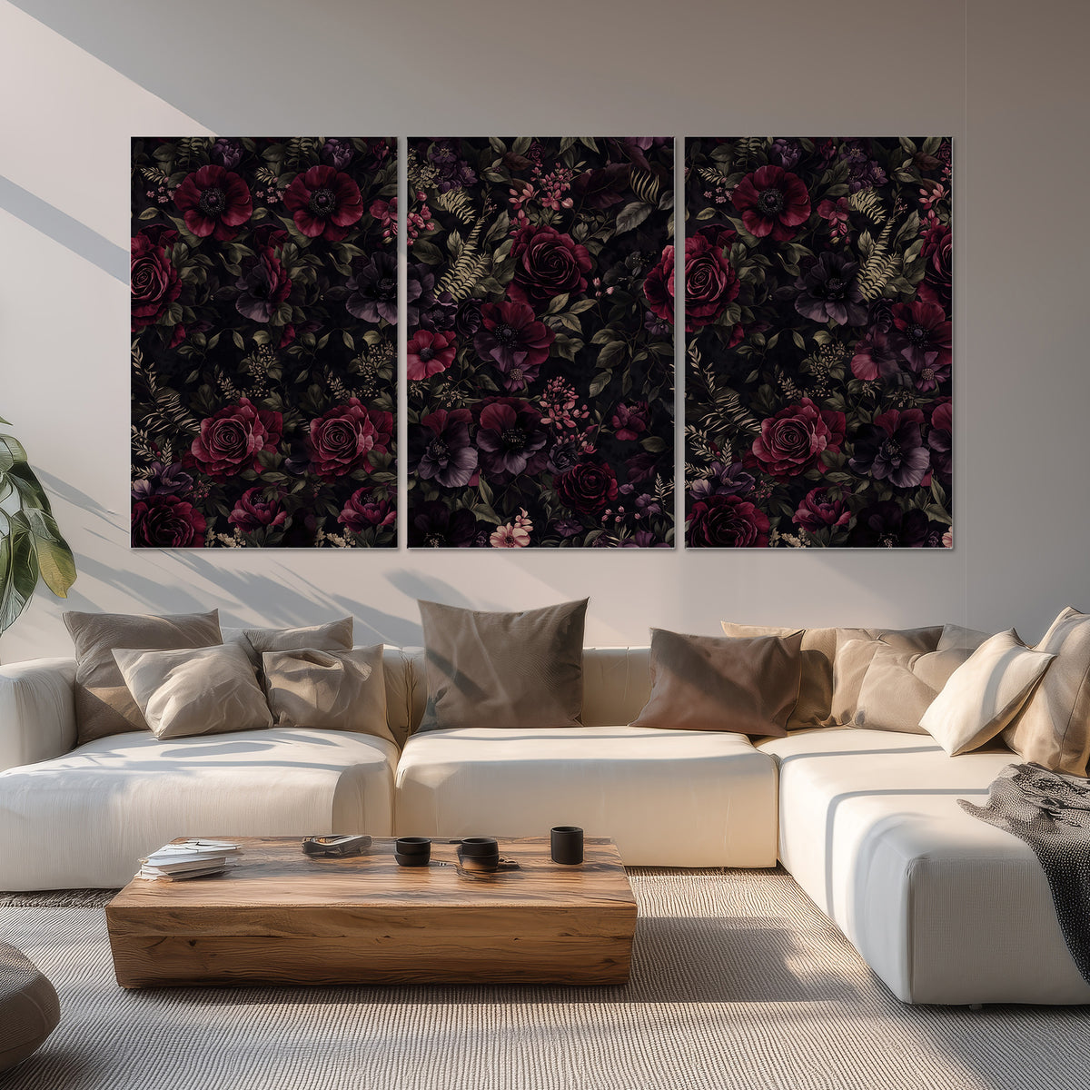 Deep burgundy roses and small pale flowers on a dark background set of 3 poster prints displayed in a living room