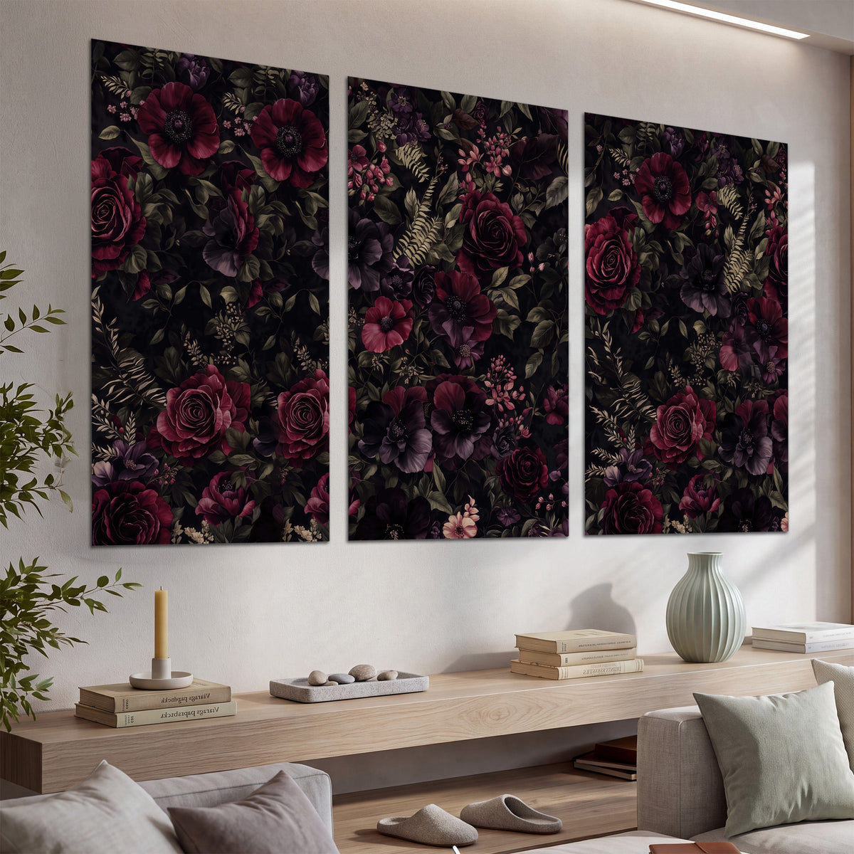 Deep burgundy roses and small pale flowers on a dark background set of 3 poster prints displayed in a console
