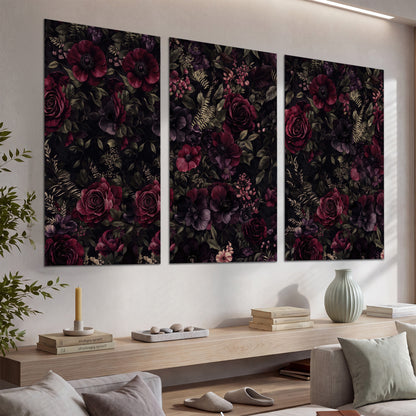 Deep burgundy roses and small pale flowers on a dark background set of 3 poster prints displayed in a console
