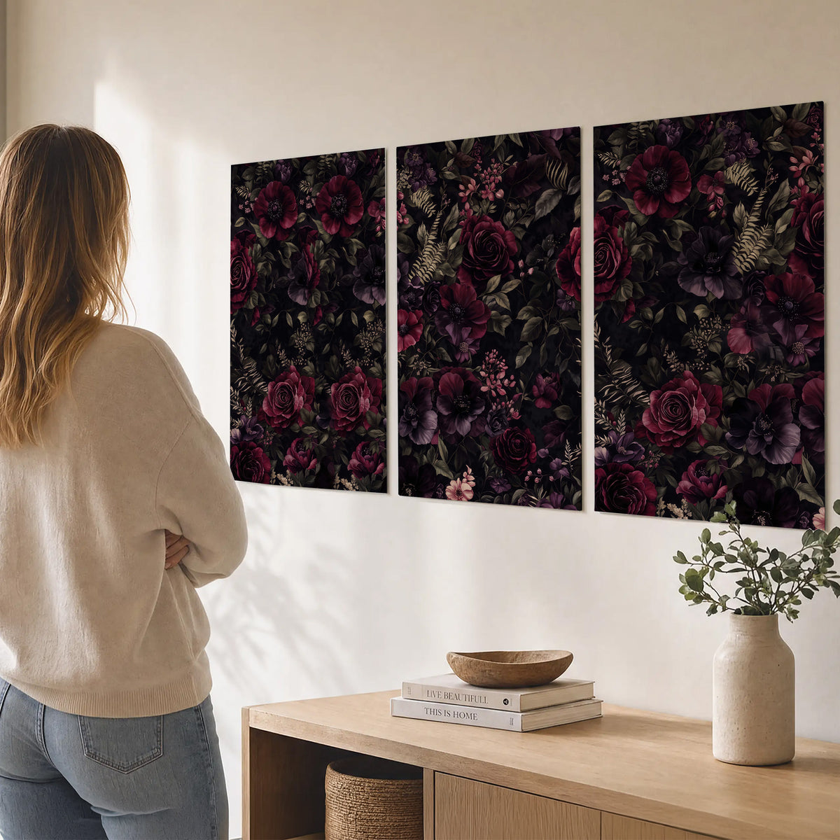 Deep burgundy roses and small pale flowers on a dark background set of 3 poster prints three panel arrangement on a wall