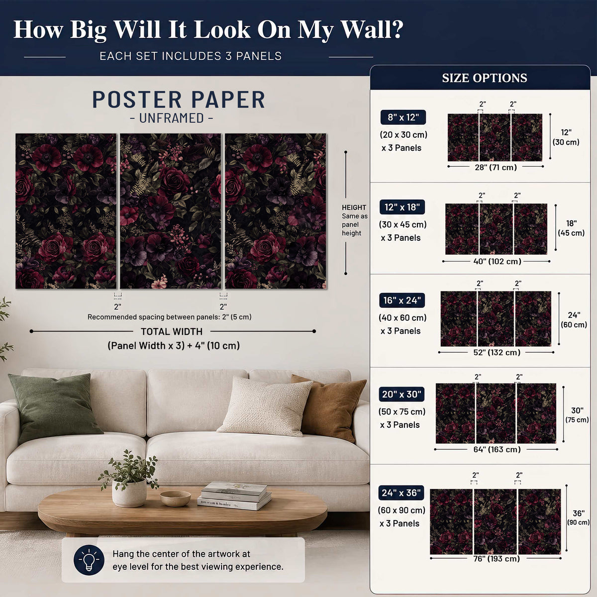 Deep burgundy roses and small pale flowers on a dark background set of 3 poster prints size guide above a sofa; room view is illustrative