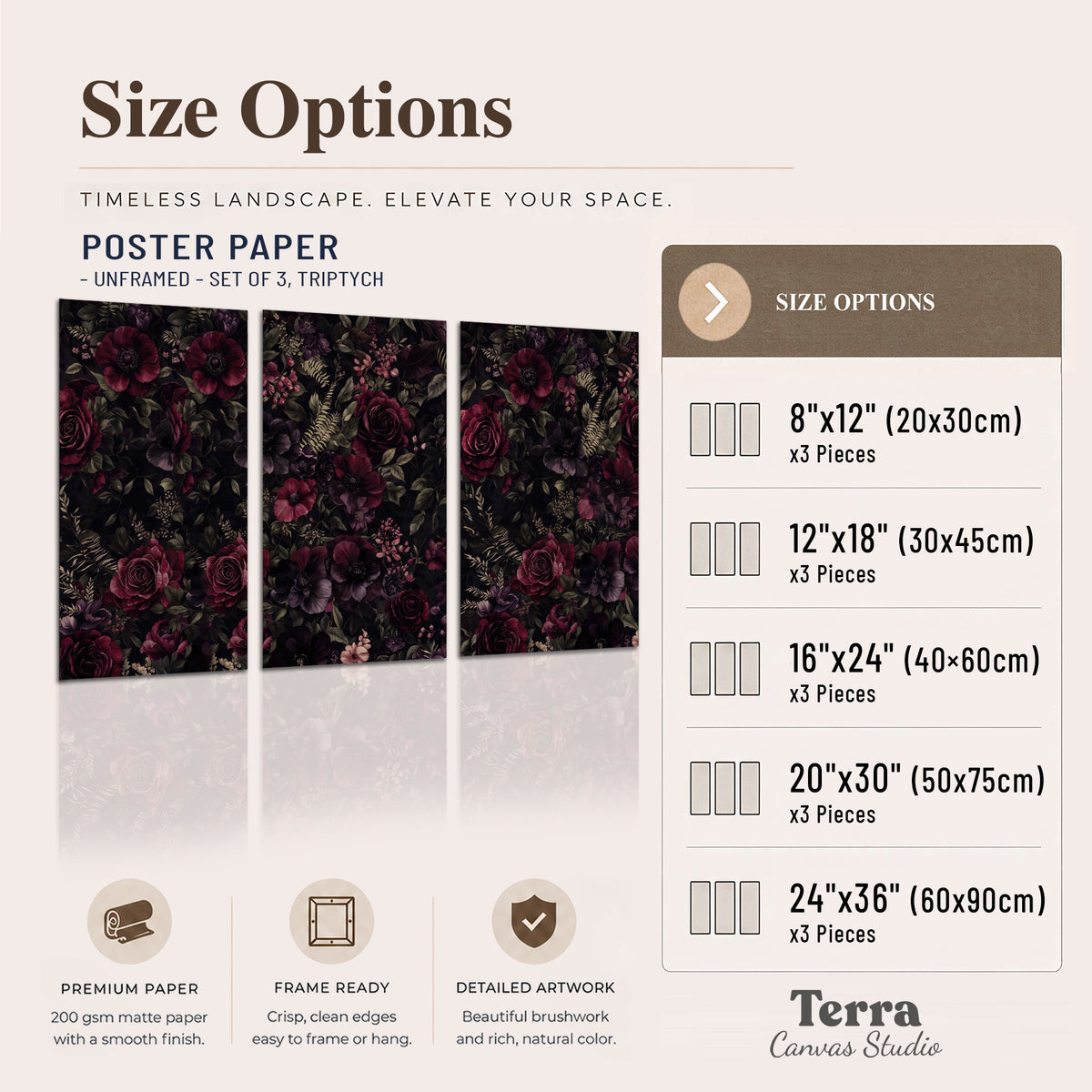 Deep burgundy roses and small pale flowers on a dark background set of 3 poster prints available dimensions; triptych dimensions are per panel
