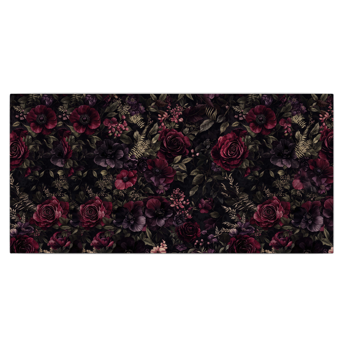 Deep burgundy roses and small pale flowers on a dark background single canvas wall art viewed straight on