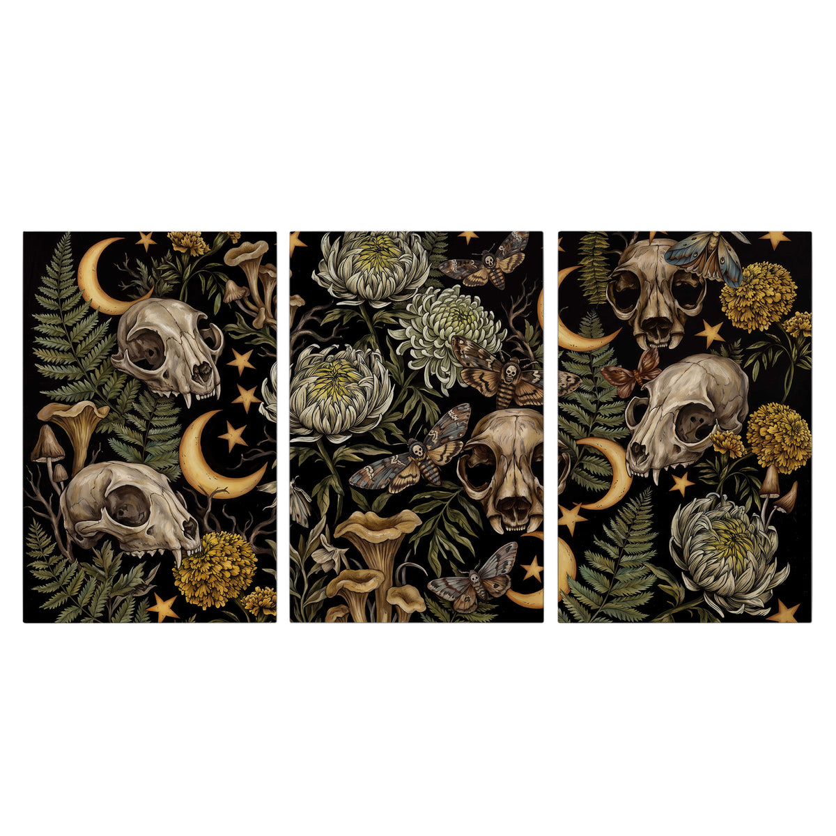 Decorative animal skulls, moons, stars, mushrooms and botanical leaves 3 piece canvas wall art viewed straight on