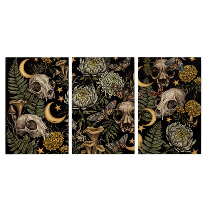 Decorative animal skulls, moons, stars, mushrooms and botanical leaves 3 piece canvas wall art viewed straight on