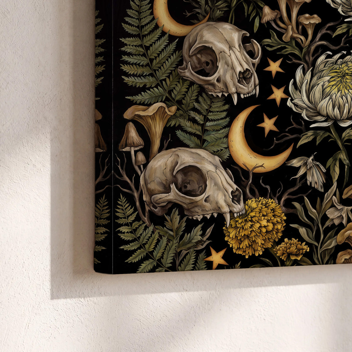 Decorative animal skulls, moons, stars, mushrooms and botanical leaves 3 piece canvas wall art material and edge close up