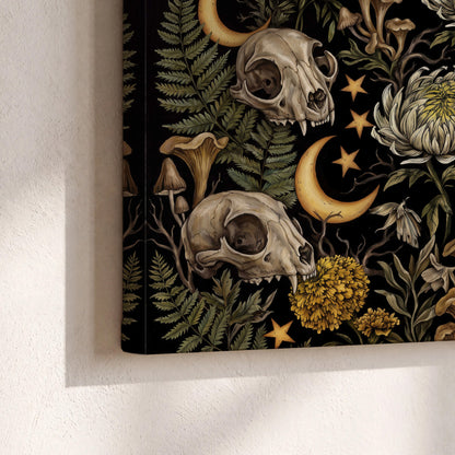Decorative animal skulls, moons, stars, mushrooms and botanical leaves 3 piece canvas wall art material and edge close up