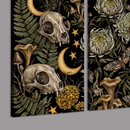 Decorative animal skulls, moons, stars, mushrooms and botanical leaves 3 piece canvas wall art room and product view