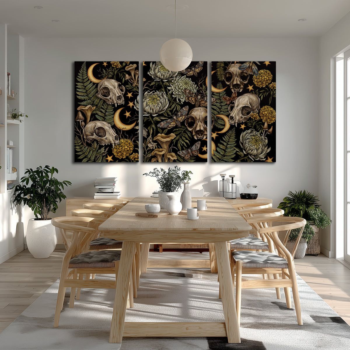 Decorative animal skulls, moons, stars, mushrooms and botanical leaves 3 piece canvas wall art room and product view