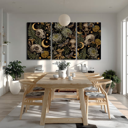Decorative animal skulls, moons, stars, mushrooms and botanical leaves 3 piece canvas wall art room and product view