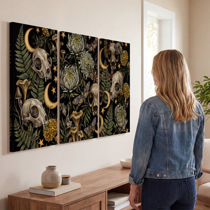 Decorative animal skulls, moons, stars, mushrooms and botanical leaves 3 piece canvas wall art three panel arrangement on a wall