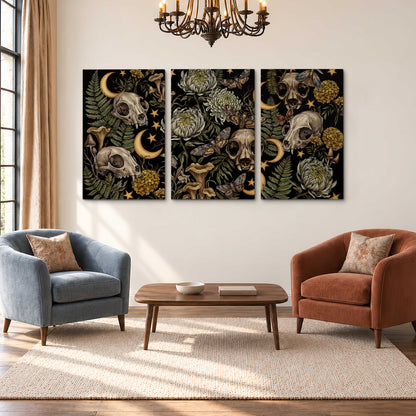 Decorative animal skulls, moons, stars, mushrooms and botanical leaves 3 piece canvas wall art styled in an interior