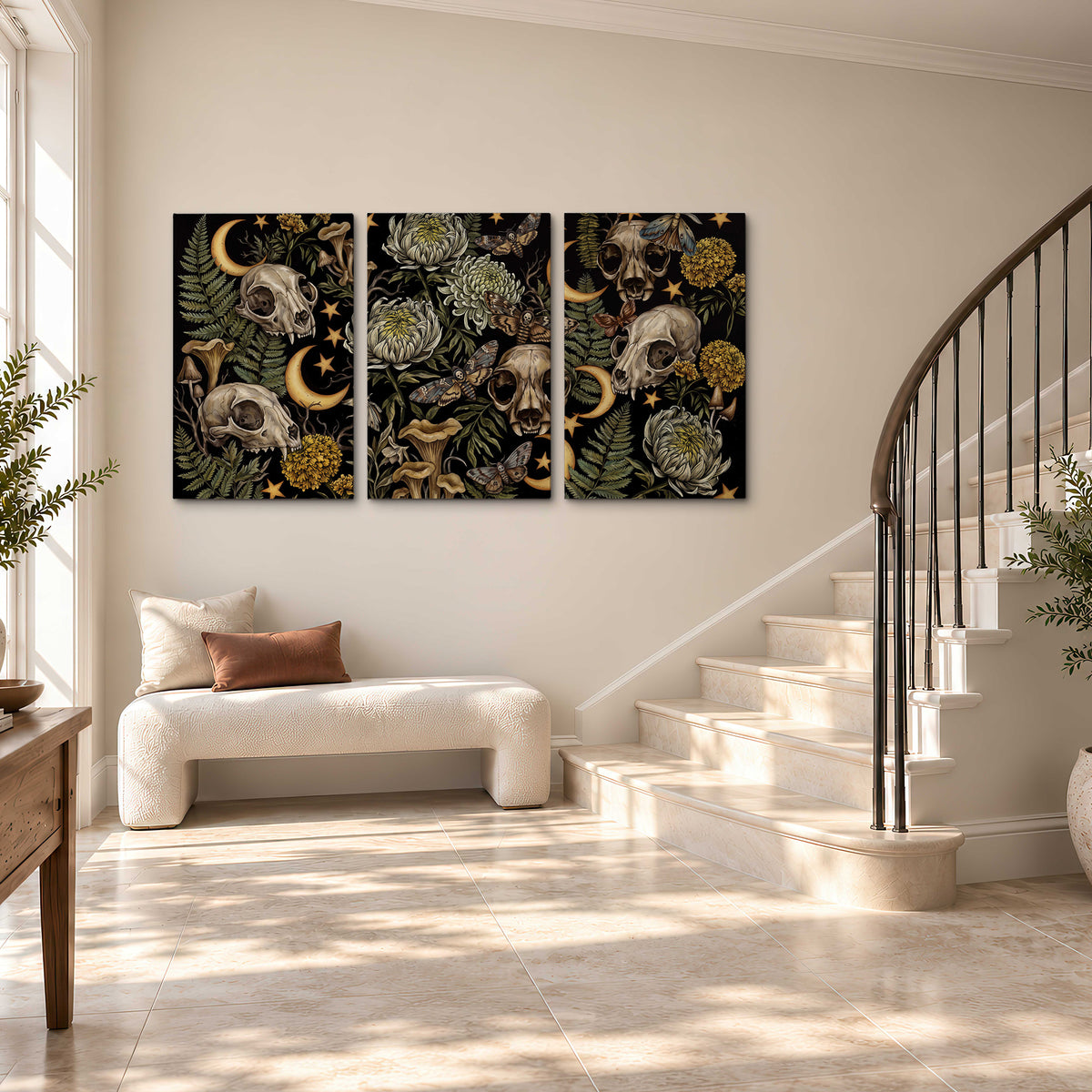 Decorative animal skulls, moons, stars, mushrooms and botanical leaves 3 piece canvas wall art styled in an interior