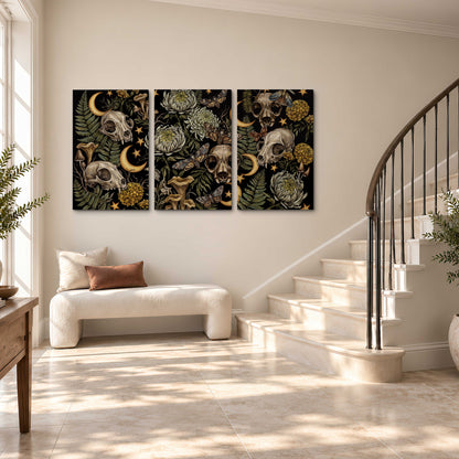 Decorative animal skulls, moons, stars, mushrooms and botanical leaves 3 piece canvas wall art styled in an interior