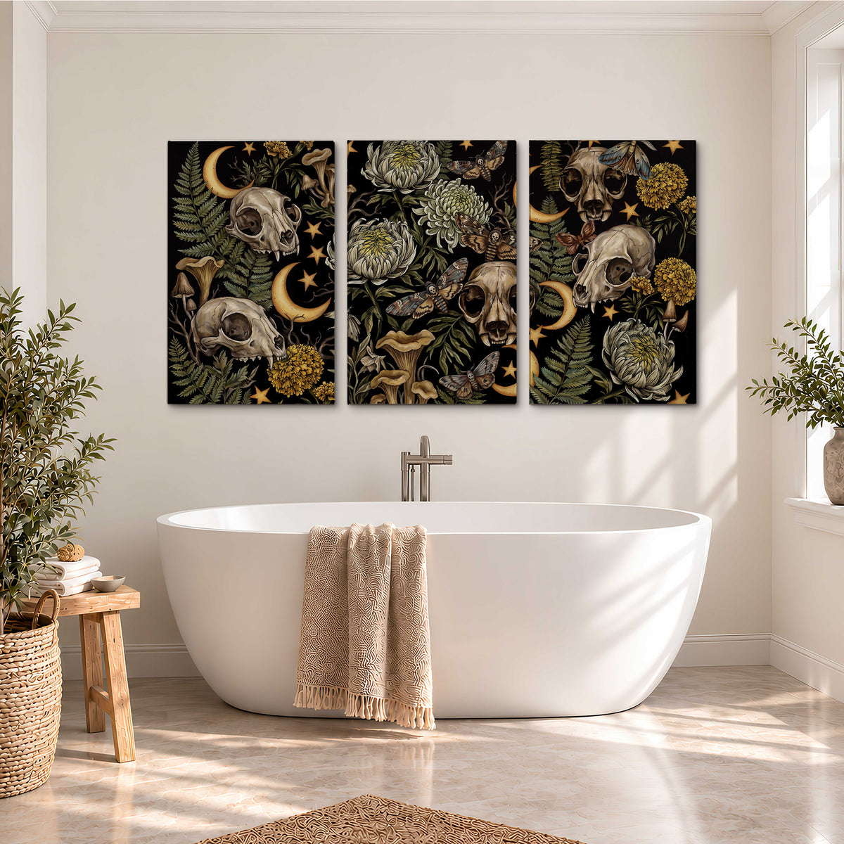 Decorative animal skulls, moons, stars, mushrooms and botanical leaves 3 piece canvas wall art styled in an interior