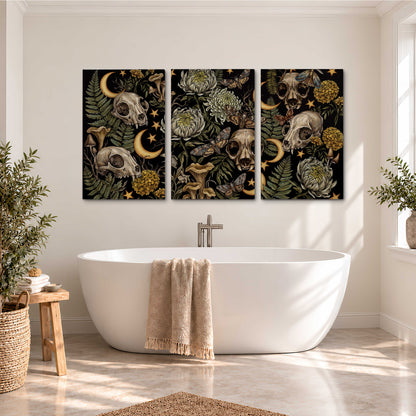 Decorative animal skulls, moons, stars, mushrooms and botanical leaves 3 piece canvas wall art styled in an interior
