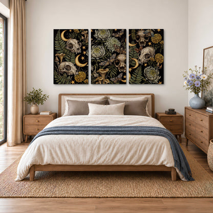 Decorative animal skulls, moons, stars, mushrooms and botanical leaves 3 piece canvas wall art styled in an interior