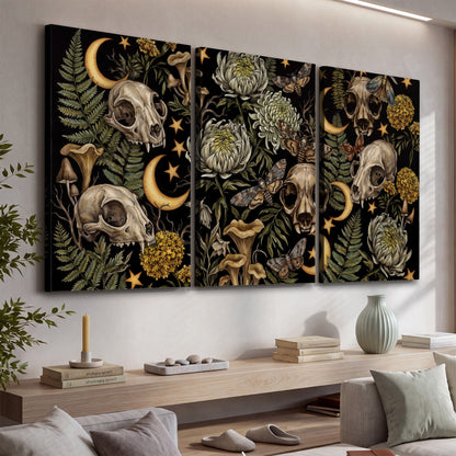 Decorative animal skulls, moons, stars, mushrooms and botanical leaves 3 piece canvas wall art displayed in a console