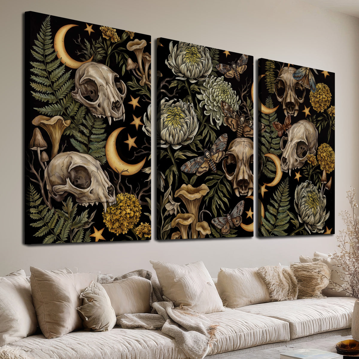 Decorative animal skulls, moons, stars, mushrooms and botanical leaves 3 piece canvas wall art room and product view