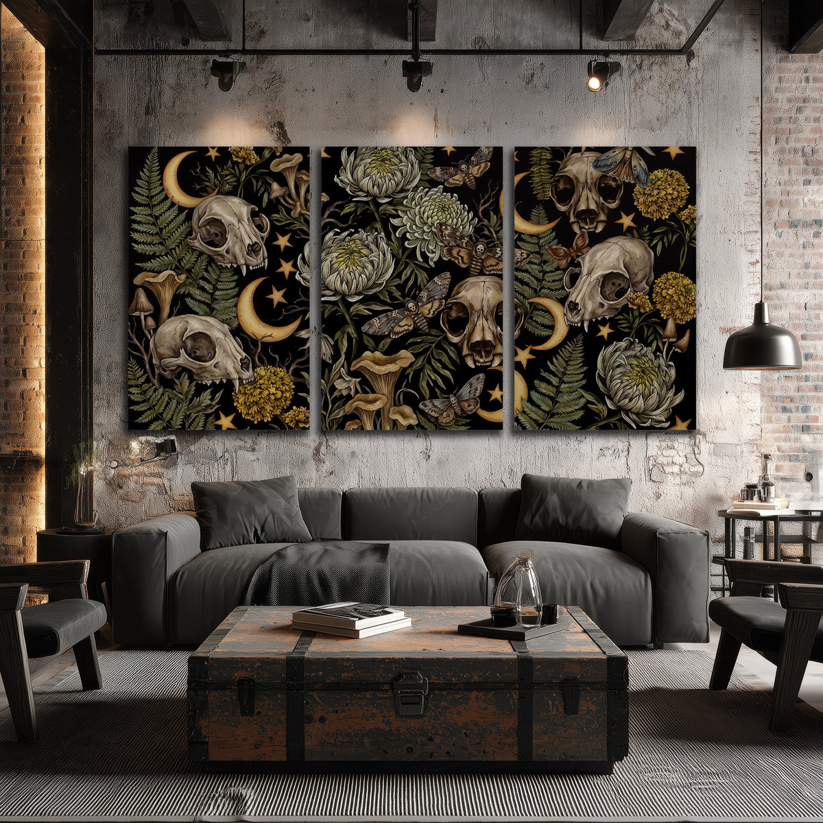Decorative animal skulls, moons, stars, mushrooms and botanical leaves 3 piece canvas wall art displayed in a industrial room