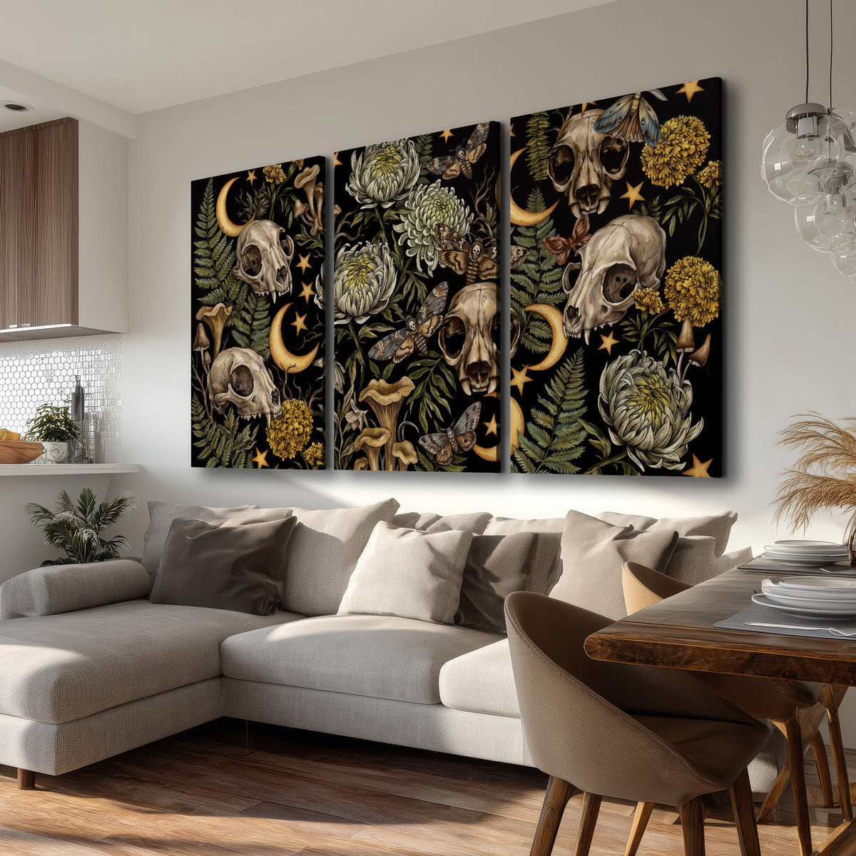 Decorative animal skulls, moons, stars, mushrooms and botanical leaves 3 piece canvas wall art room and product view