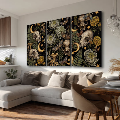 Decorative animal skulls, moons, stars, mushrooms and botanical leaves 3 piece canvas wall art room and product view