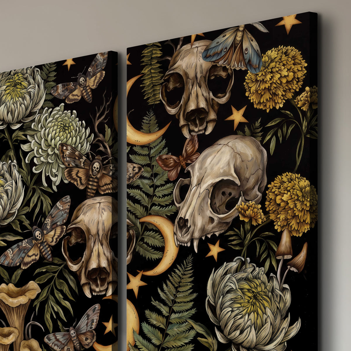 Decorative animal skulls, moons, stars, mushrooms and botanical leaves 3 piece canvas wall art room and product view