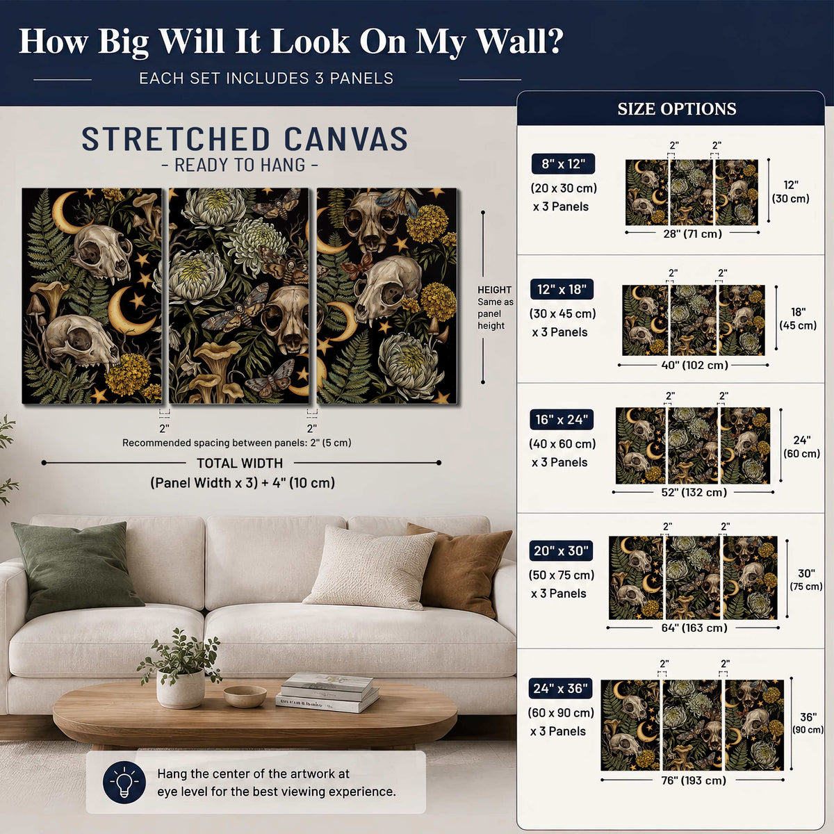 Decorative animal skulls, moons, stars, mushrooms and botanical leaves 3 piece canvas wall art size guide above a sofa; room view is illustrative