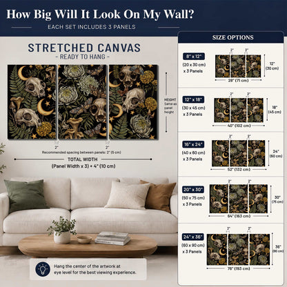Decorative animal skulls, moons, stars, mushrooms and botanical leaves 3 piece canvas wall art size guide above a sofa; room view is illustrative