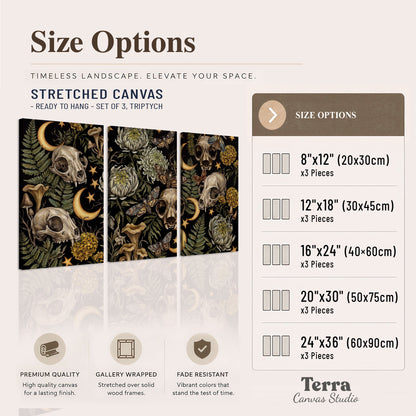 Decorative animal skulls, moons, stars, mushrooms and botanical leaves 3 piece canvas wall art available dimensions; triptych dimensions are per panel