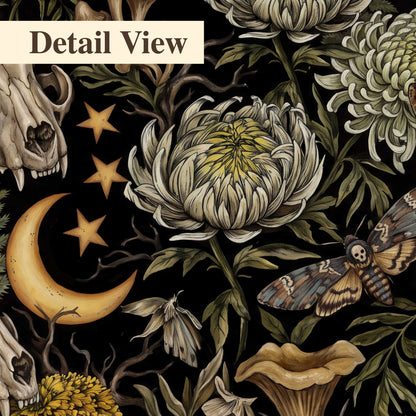 Decorative animal skulls, moons, stars, mushrooms and botanical leaves 3 piece canvas wall art artwork detail close up