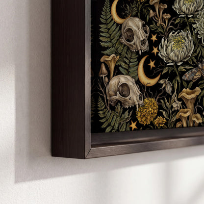 Decorative animal skulls, moons, stars, mushrooms and botanical leaves 3 piece framed canvas wall art material and edge close up