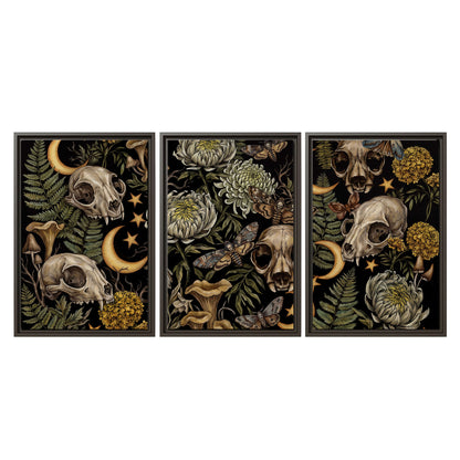 Decorative animal skulls, moons, stars, mushrooms and botanical leaves 3 piece framed canvas wall art viewed straight on