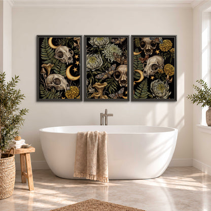 Decorative animal skulls, moons, stars, mushrooms and botanical leaves 3 piece framed canvas wall art styled in an interior