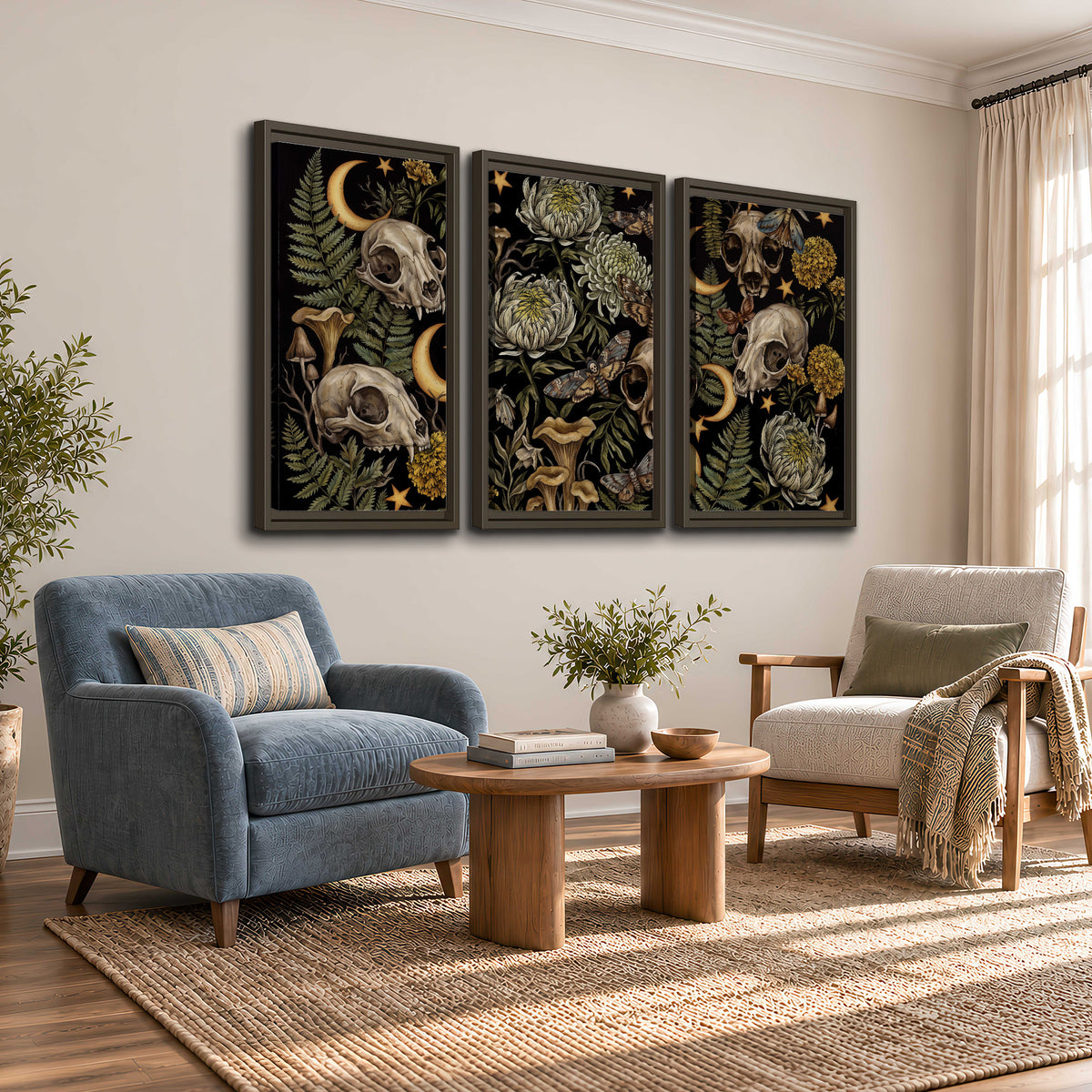 Decorative animal skulls, moons, stars, mushrooms and botanical leaves 3 piece framed canvas wall art styled in an interior
