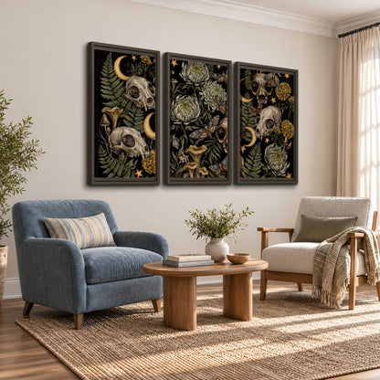 Decorative animal skulls, moons, stars, mushrooms and botanical leaves 3 piece framed canvas wall art styled in an interior