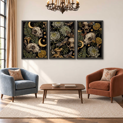 Decorative animal skulls, moons, stars, mushrooms and botanical leaves 3 piece framed canvas wall art styled in an interior