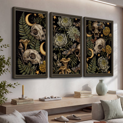 Decorative animal skulls, moons, stars, mushrooms and botanical leaves 3 piece framed canvas wall art displayed in a console