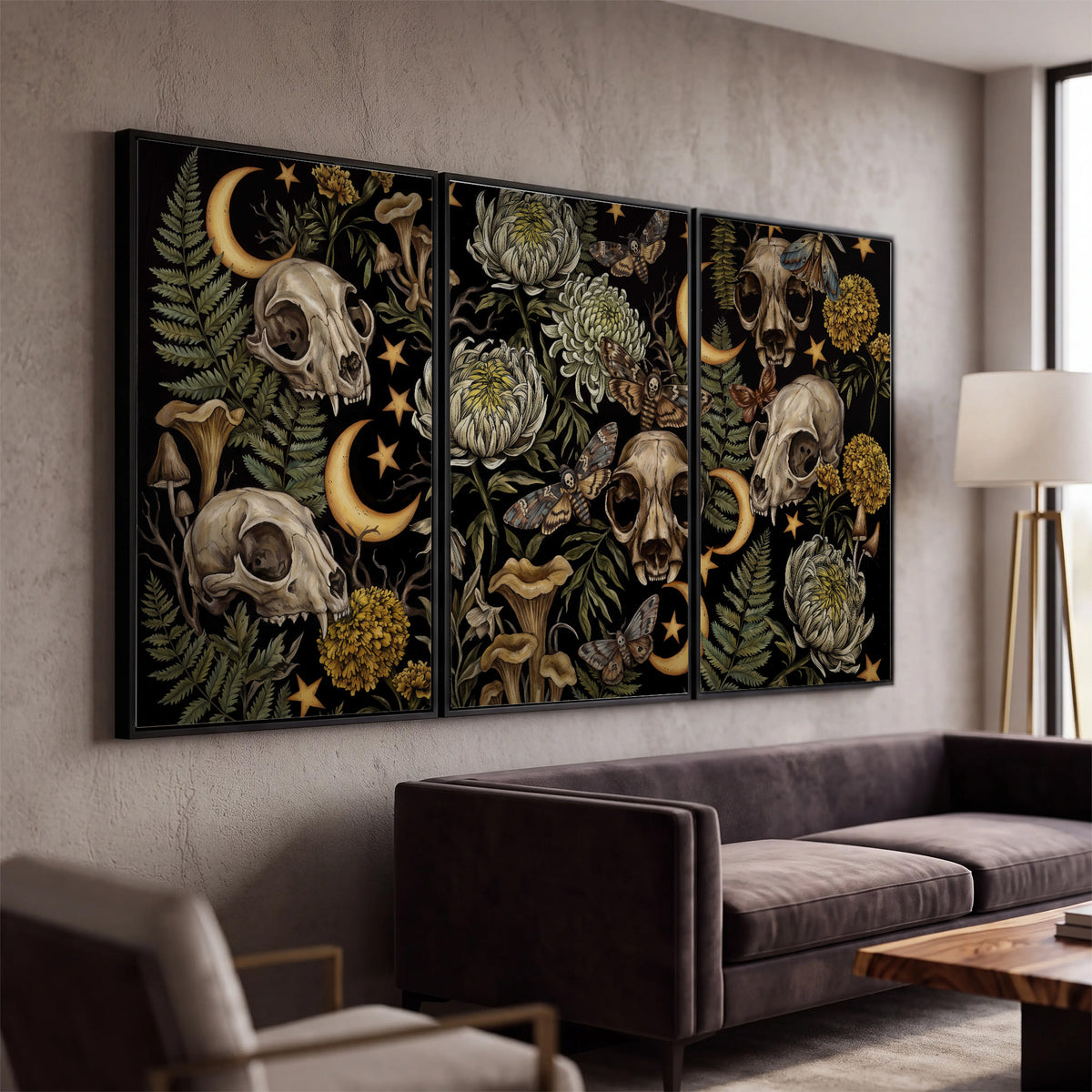 Decorative animal skulls, moons, stars, mushrooms and botanical leaves 3 piece framed canvas wall art displayed in a modern living room