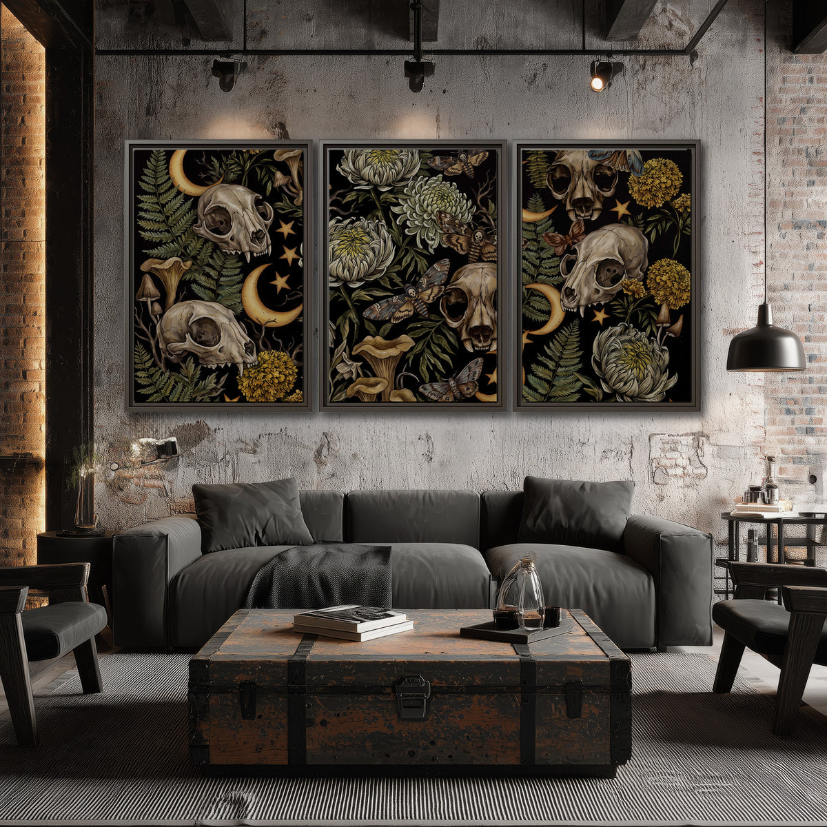 Decorative animal skulls, moons, stars, mushrooms and botanical leaves 3 piece framed canvas wall art displayed in a industrial room