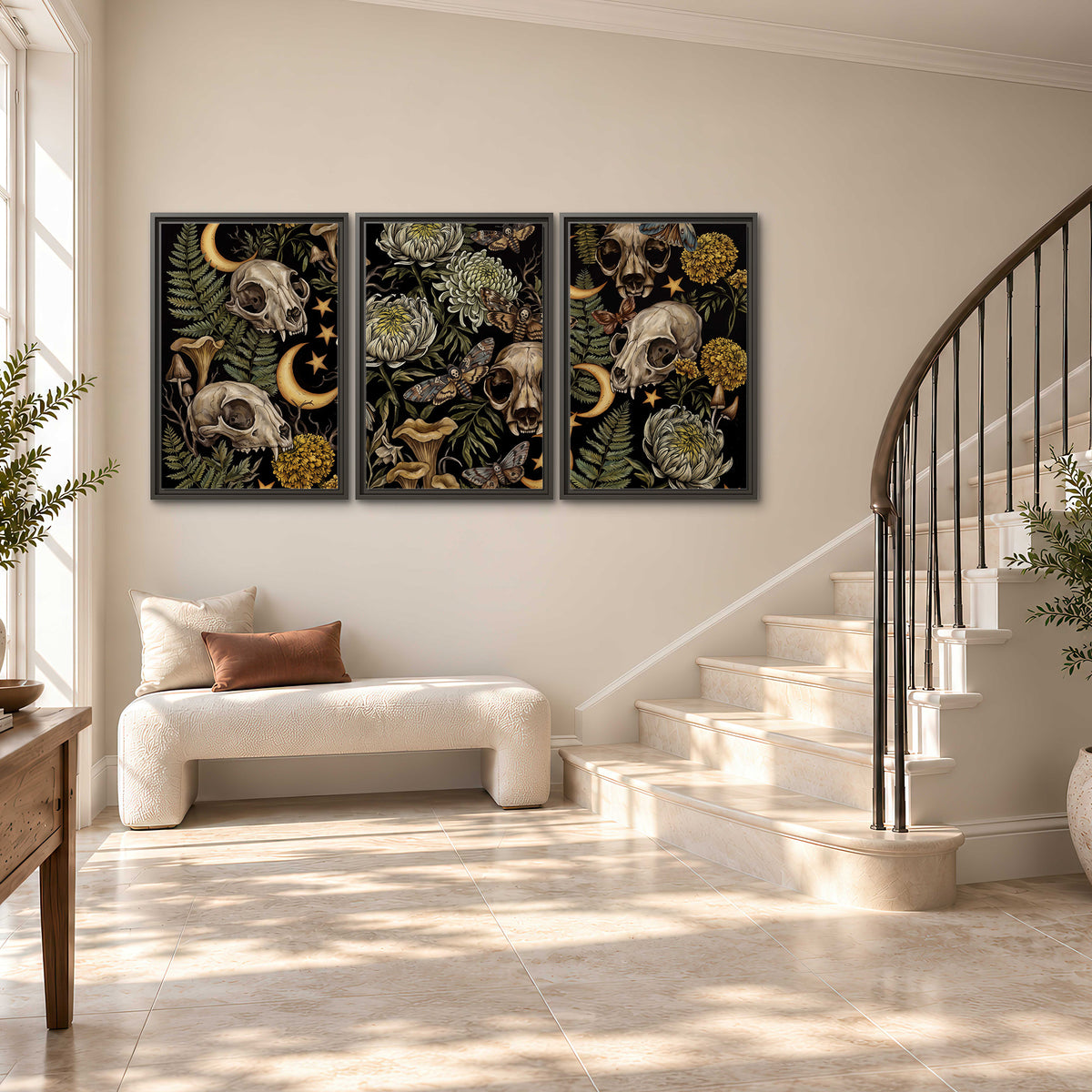 Decorative animal skulls, moons, stars, mushrooms and botanical leaves 3 piece framed canvas wall art styled in an interior